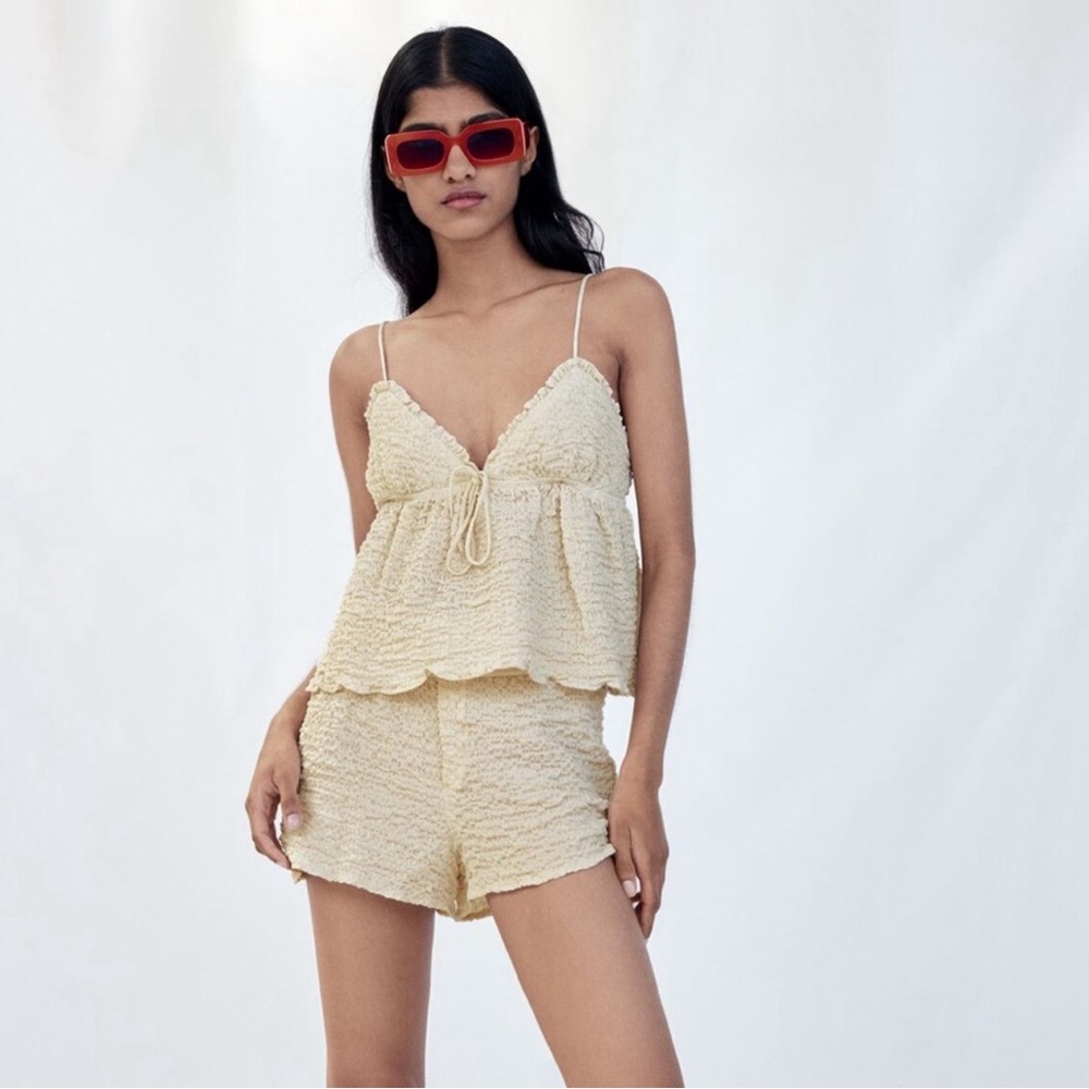 Zara Linen Textured Baby Doll Cropped Cami